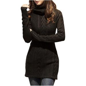 Women's Turtleneck Knit Sweater Black Long Slim Fitted Bodycon Dress Long Sleeve